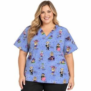 SB Scrub Top Womens 3XL Purple Dog Cat Fiesta Print V Neck Short Sleeve Pocket